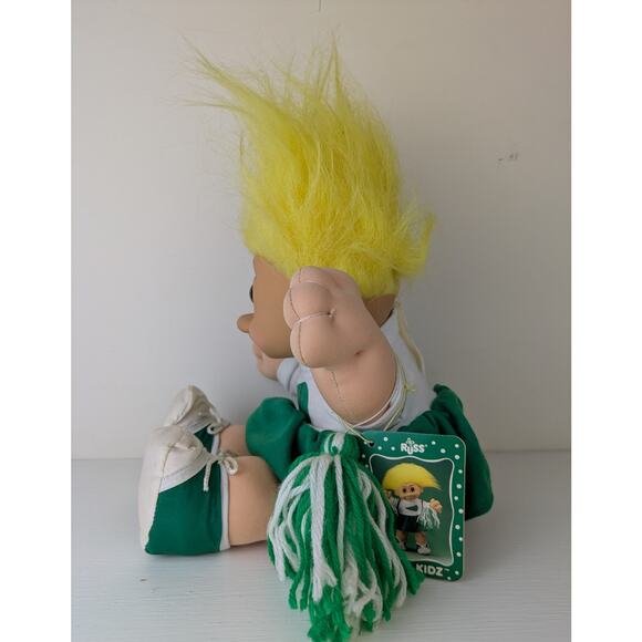 VTG Russ Troll Kidz Cheerleader w/ Tags Soft Body Yellow Hair Green White 12" - Picture 3 of 10